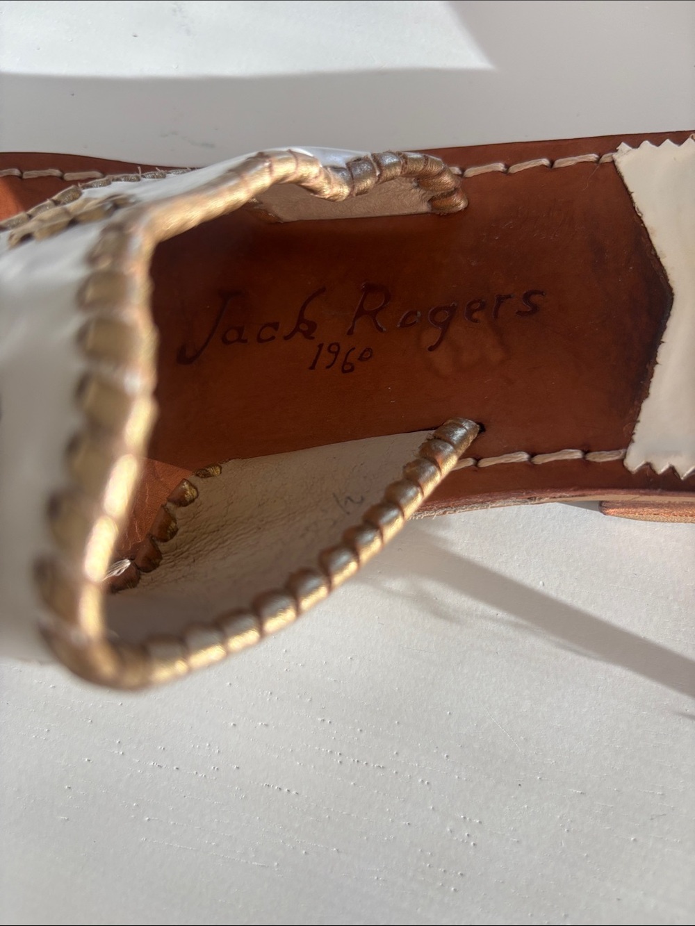 Women’s White Leather Slide Sandals with Gold Floral Accents - Picture 2 of 4